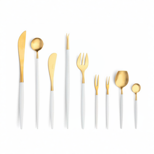 Cutipol Goa white matt gold finish, black resin handles, and minimalist design for a luxurious dining experience - on a white background 9 pcs set