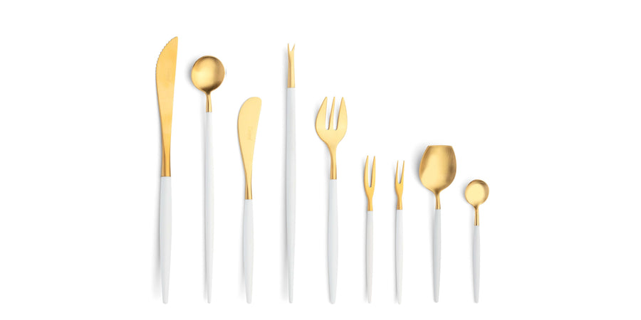 Cutipol Goa white matt gold finish, black resin handles, and minimalist design for a luxurious dining experience - on a white background  9 pcs set
