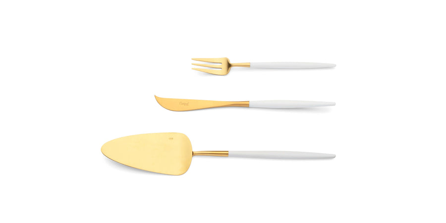 Cutipol Goa white matt gold finish, black resin handles, and minimalist design for a luxurious dining experience - on a white background  3 pcs dessert servers