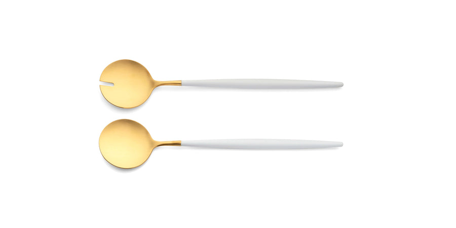 Cutipol Goa white matt gold finish, black resin handles, and minimalist design for a luxurious dining experience - on a white background  2pcs salad servers