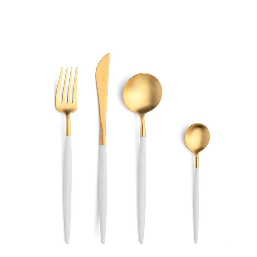 Cutipol Goa white matt gold finish, black resin handles, and minimalist design for a luxurious dining experience - on a white background  4pc table set fork knife spoon and tea spoon