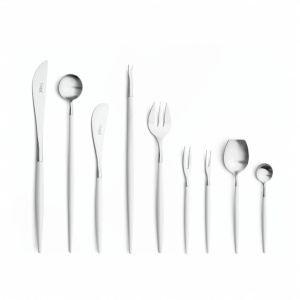 Cutipol Goa white matt stainless steel finish, black resin handles, and minimalist design for a luxurious dining experience - 9 pcs set on a white background