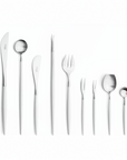 Cutipol Goa white matt stainless steel finish, black resin handles, and minimalist design for a luxurious dining experience - 9 pcs set on a white background