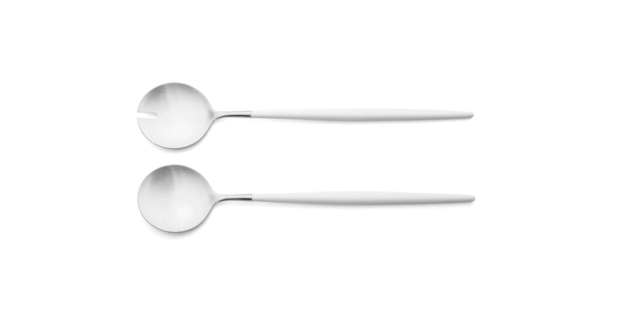 Cutipol Goa white matt stainless steel finish, black resin handles, and minimalist design for a luxurious dining experience - on a white background  2pcs salad servers