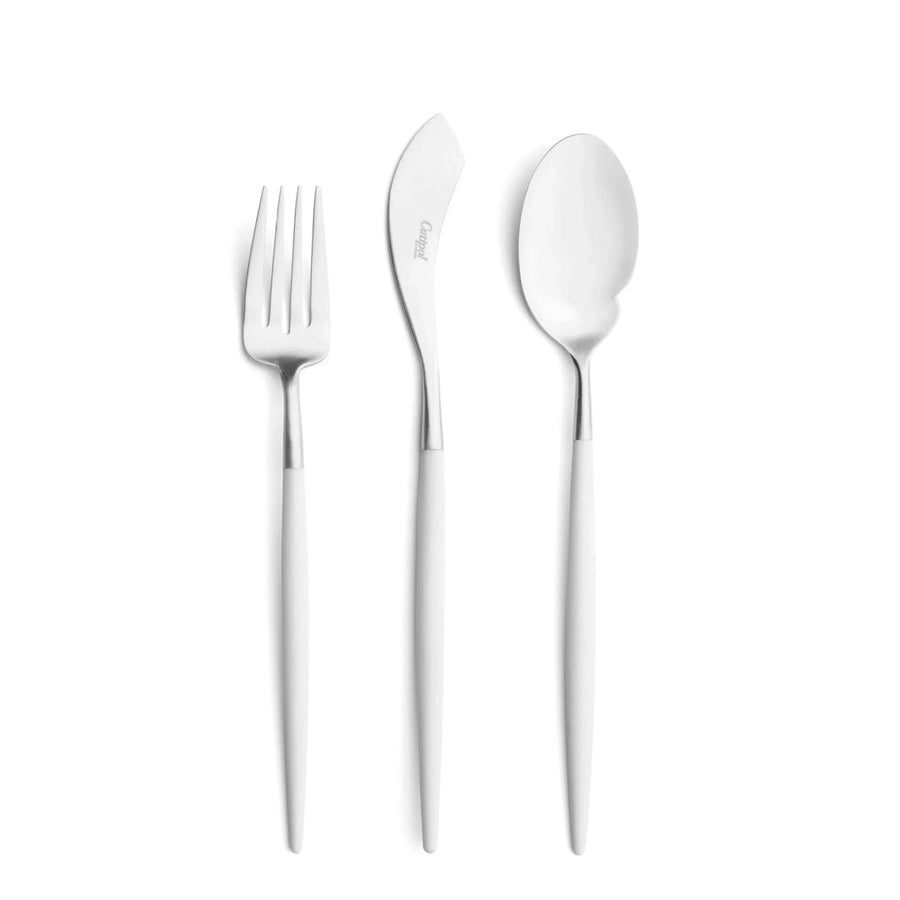 Cutipol Goa white matt stainless steel finish, black resin handles, and minimalist design for a luxurious dining experience - on a white background  3 pcs servers