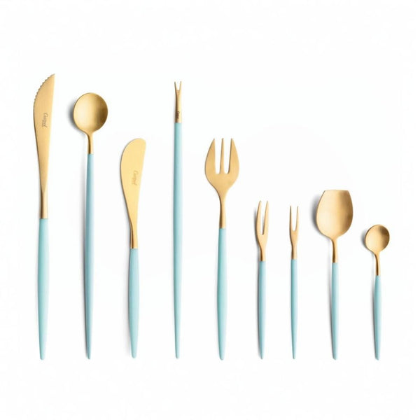 Cutipol Goa turquoise matt gold finish, black resin handles, and minimalist design for a luxurious dining experience - on a white background 9pc set