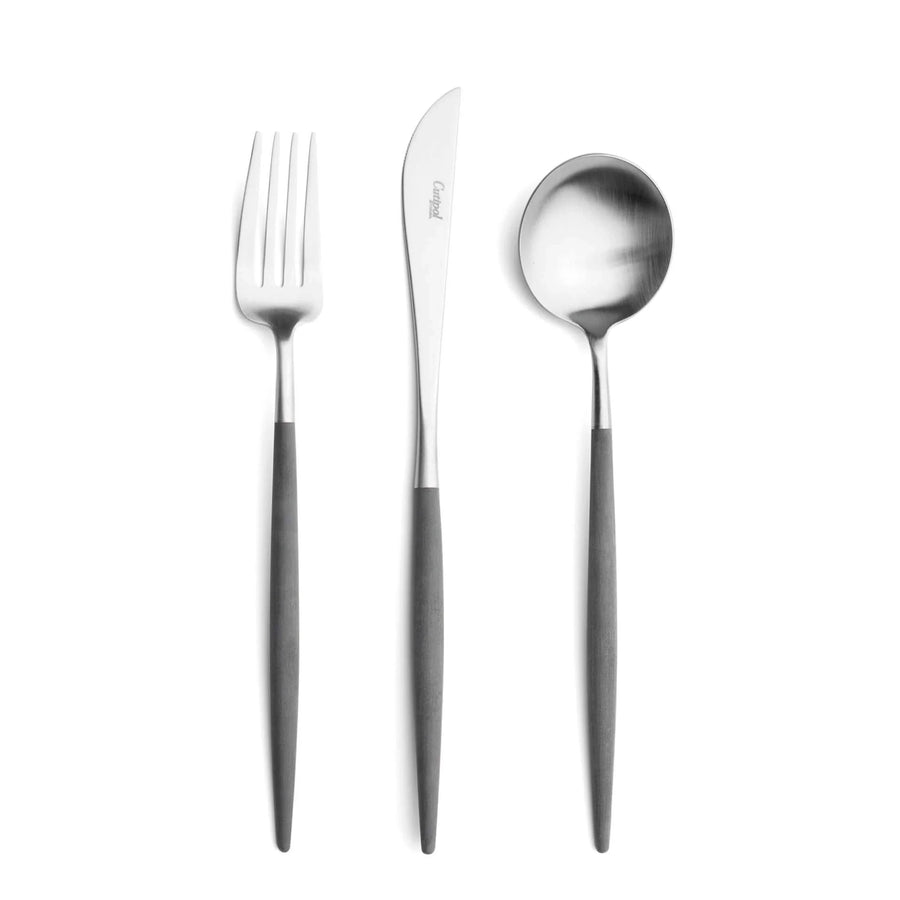 Cutipol Goa grey matt stainless steel finish, black resin handles, and minimalist design for a luxurious dining experience -  3 pc table set