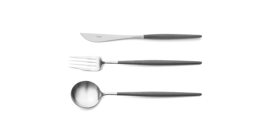 Cutipol Goa grey matt stainless steel finish, black resin handles, and minimalist design for a luxurious dining experience -  table spoon, knife and fork