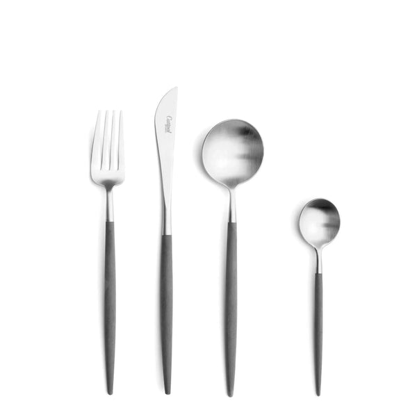 Cutipol Goa grey matt stainless steel finish, black resin handles, and minimalist design for a luxurious dining experience - table fork, knife, spoon and tea spoon