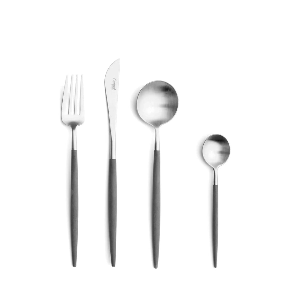 Cutipol Goa grey matt stainless steel finish, black resin handles, and minimalist design for a luxurious dining experience -  table fork, knife, spoon and tea spoon