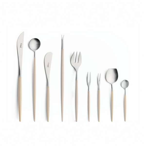 Cutipol Goa ivory matt stainless steel finish, black resin handles, and minimalist design for a luxurious dining experience - nine piece set