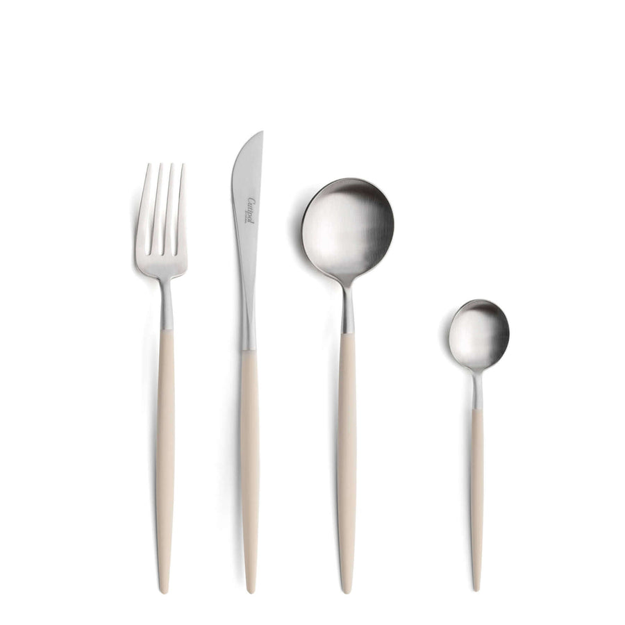 Cutipol Goa ivory matt stainless steel finish, black resin handles, and minimalist design for a luxurious dining experience -  fork knife tablespoon and teaspoon
