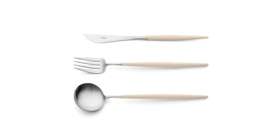 Cutipol Goa ivory matt stainless steel finish, black resin handles, and minimalist design for a luxurious dining experience -  table spoon knife and fork 