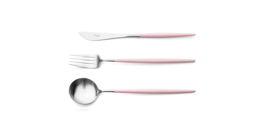 Cutipol Goa pink matt stainless steel finish, black resin handles, and minimalist design for a luxurious dining experience -  table spoon, knife and fork