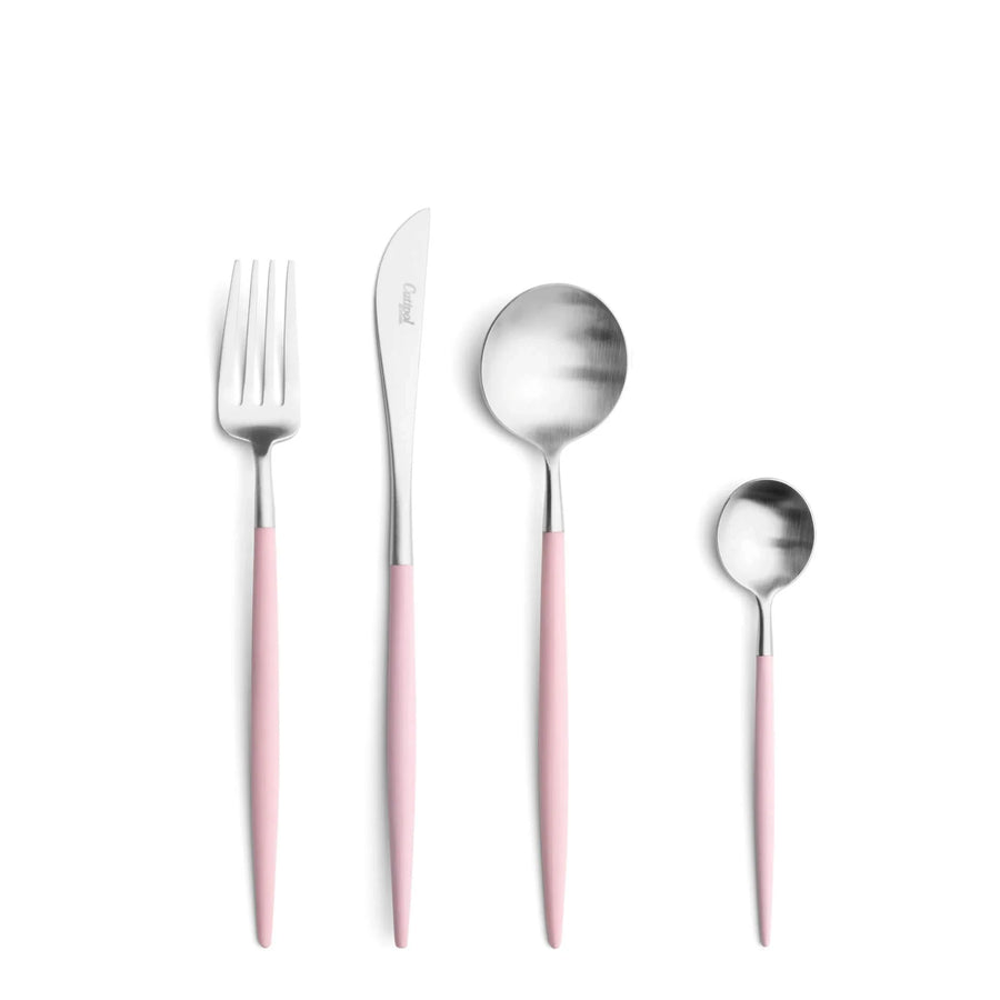 Cutipol Goa Pink matt stainless steel finish, black resin handles, and minimalist design for a luxurious dining experience -  table knif, spoon, fork and tea spoon