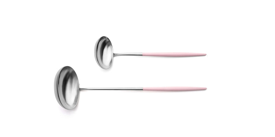 Cutipol Goa pink matt stainless steel finish, black resin handles, and minimalist design for a luxurious dining experience -  2pc spoon servers