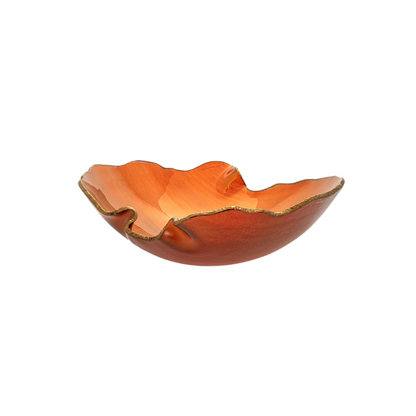 Gardeco Mapa Carmin decorative bowl featuring a vibrant carmine red finish with an organic, flowing shape and textured gold-edged detailing.