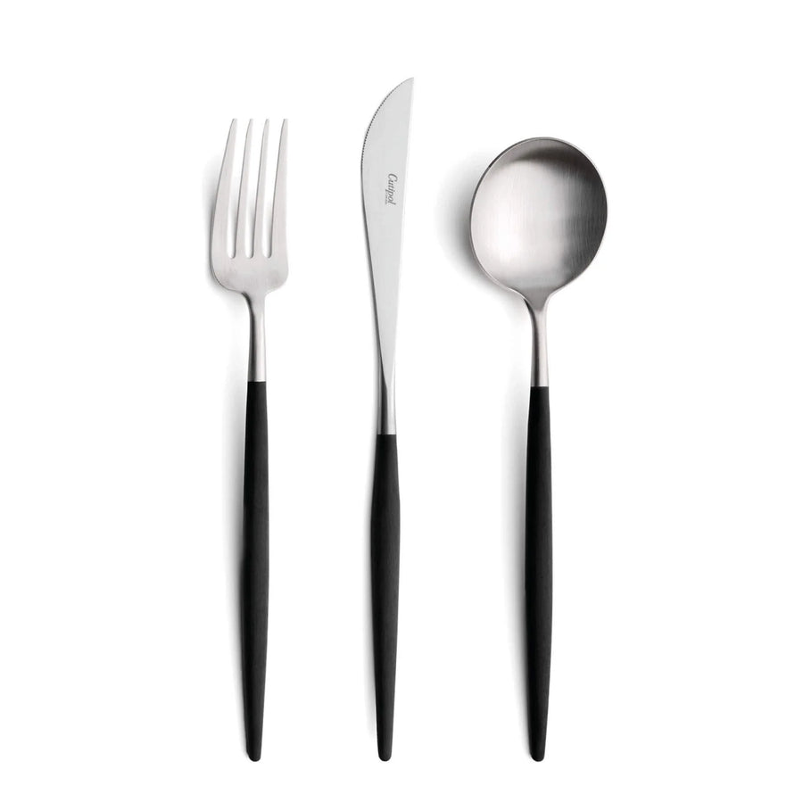Cutipol Goa black matt stainless steel finish, black resin handles, and minimalist design for a luxurious dining experience -  fork, knife and spoon