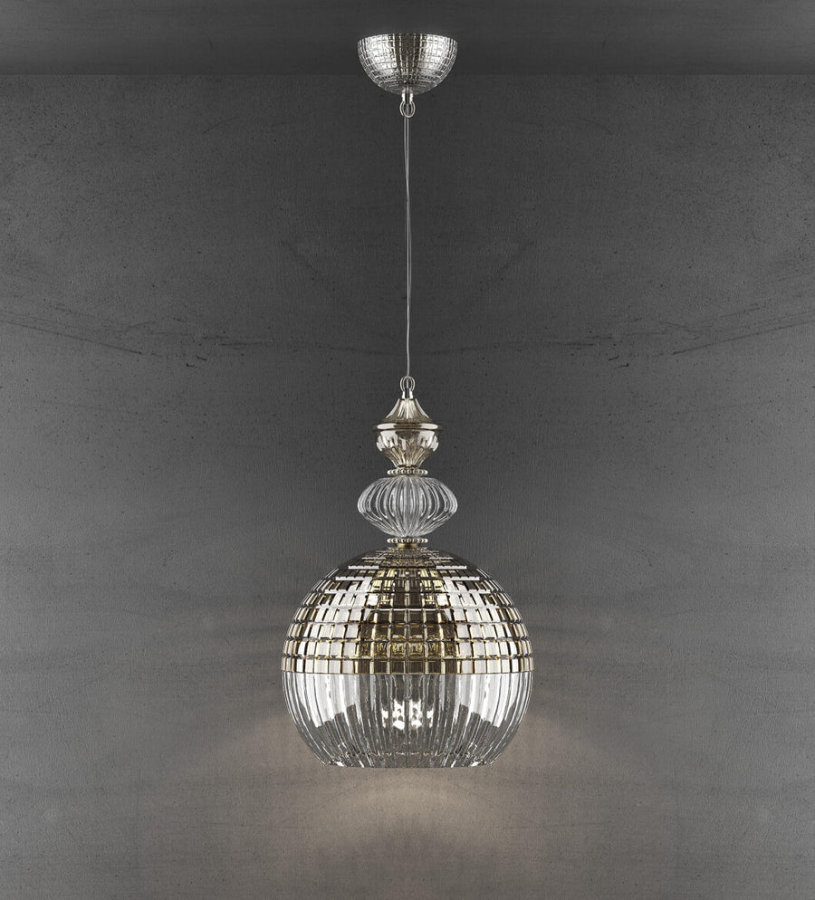 Amelie pendant light by Italamp featuring crystal and white/nickel metal, blending classic elegance with modern design. Perfect for luxury interiors. Featured on a grey ceiling and background