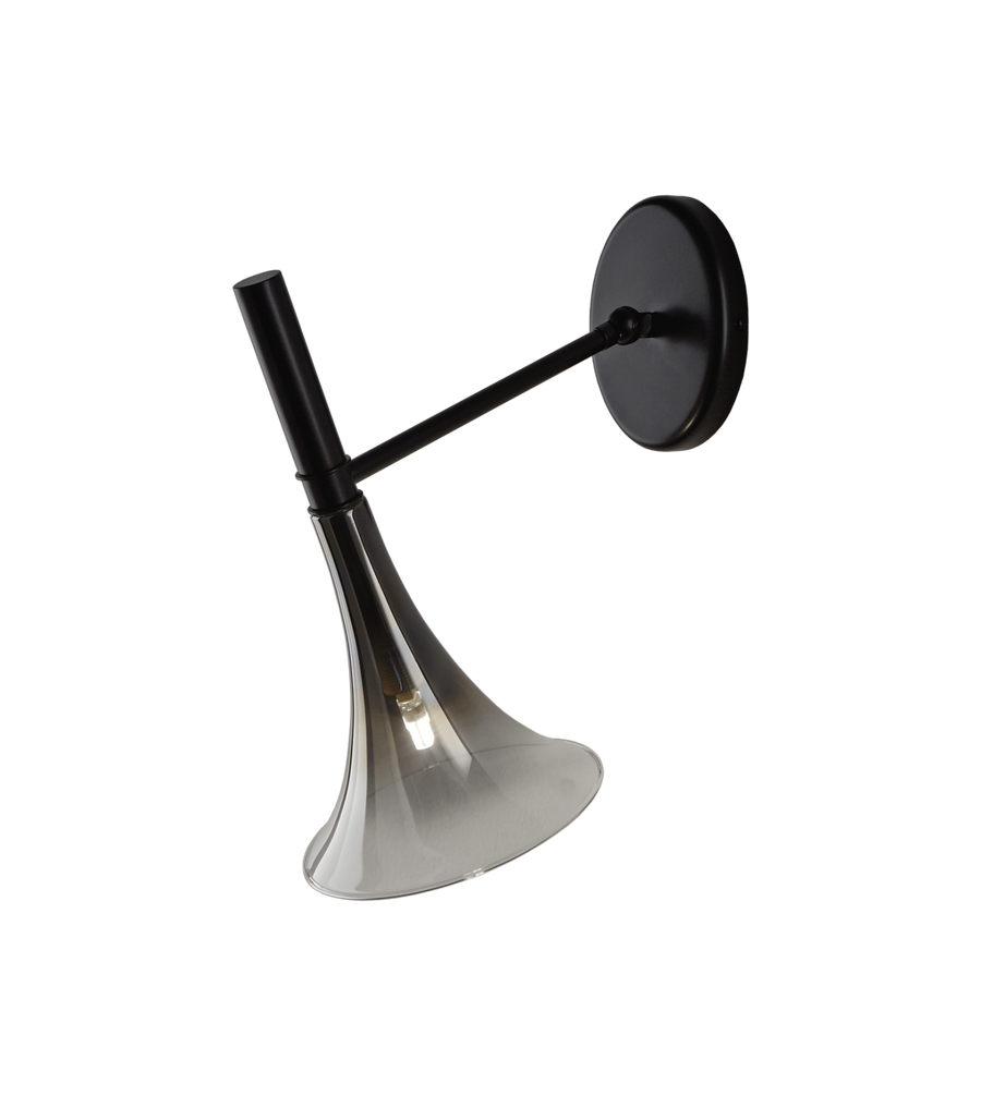 Baffo Collection by Italamp with conical design, titanium finish glass, and matching metal accents, showcasing Italian craftsmanship and elegance. A wall lamp in black and platinum finish on a white background