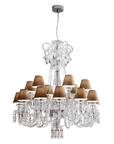 Chanel Collection chandelier by Italamp with carved crystal, chrome-finished metal, and dove fabric diffusers, showcasing Italian luxury and timeless design. A Chanel chandelier on a white background