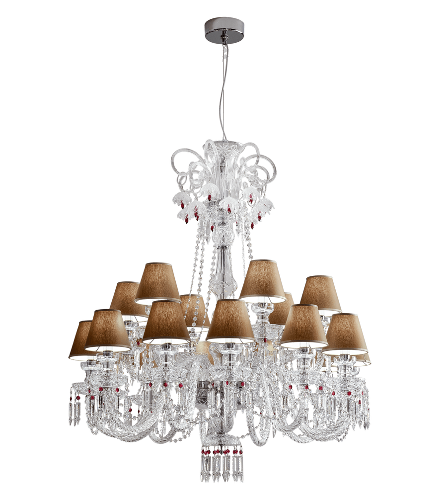 Chanel Collection chandelier by Italamp with carved crystal, chrome-finished metal, and dove fabric diffusers, showcasing Italian luxury and timeless design. A Chanel chandelier on a white background