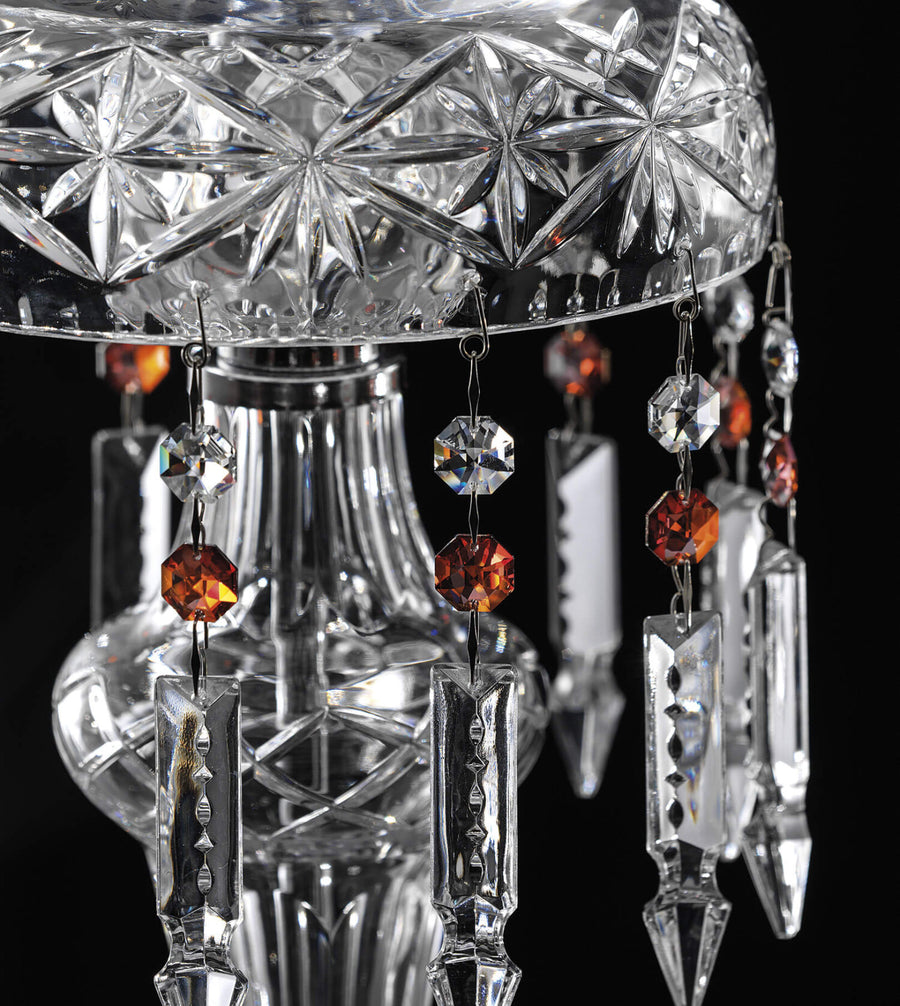 Chanel Collection chandelier by Italamp with carved crystal, chrome-finished metal, and dove fabric diffusers, showcasing Italian luxury and timeless design. Detailing of Chanel crystals in clear and red colours