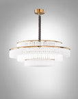 Charles Collection suspension lamp by Italamp featuring gold nickel finish, satin glass elements, and leather accents, epitomising Italian luxury lighting design. A Charles chandelier on a white background. 