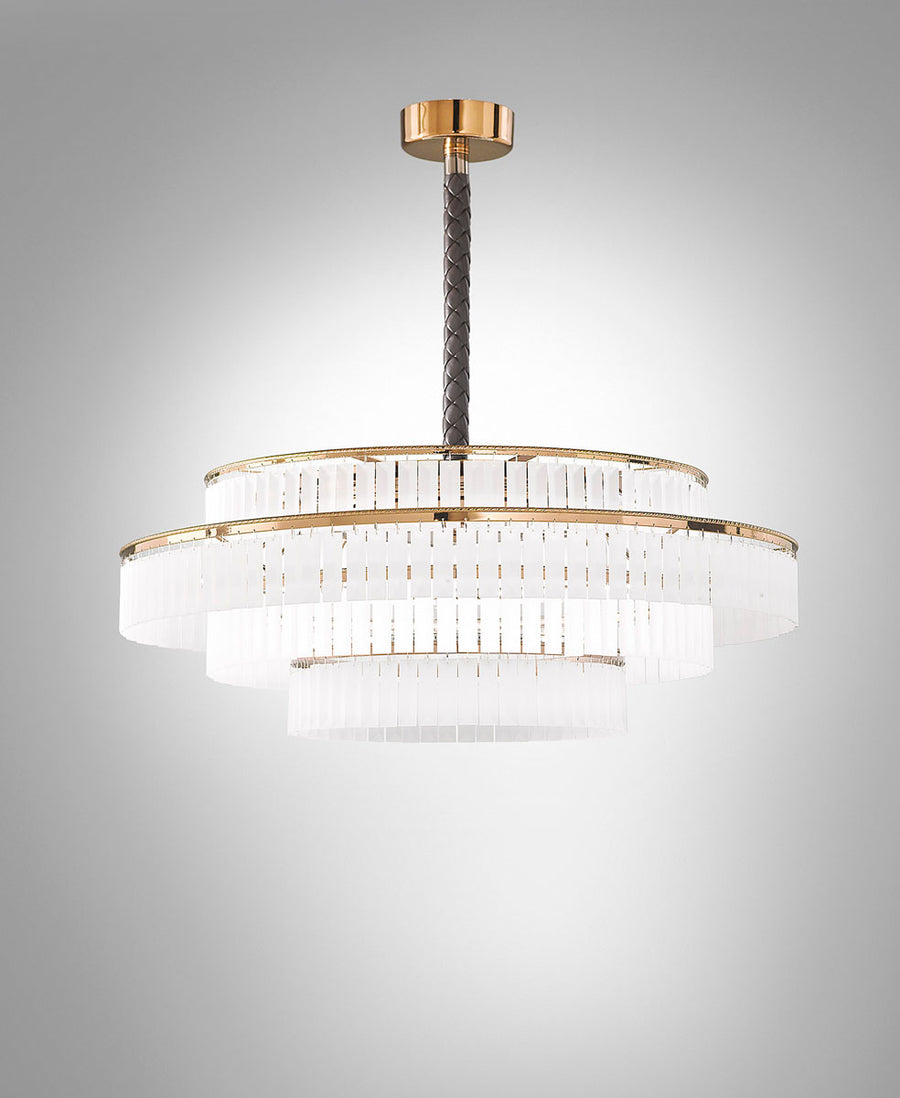 Charles Collection suspension lamp by Italamp featuring gold nickel finish, satin glass elements, and leather accents, epitomising Italian luxury lighting design. A Charles chandelier on a white background. 