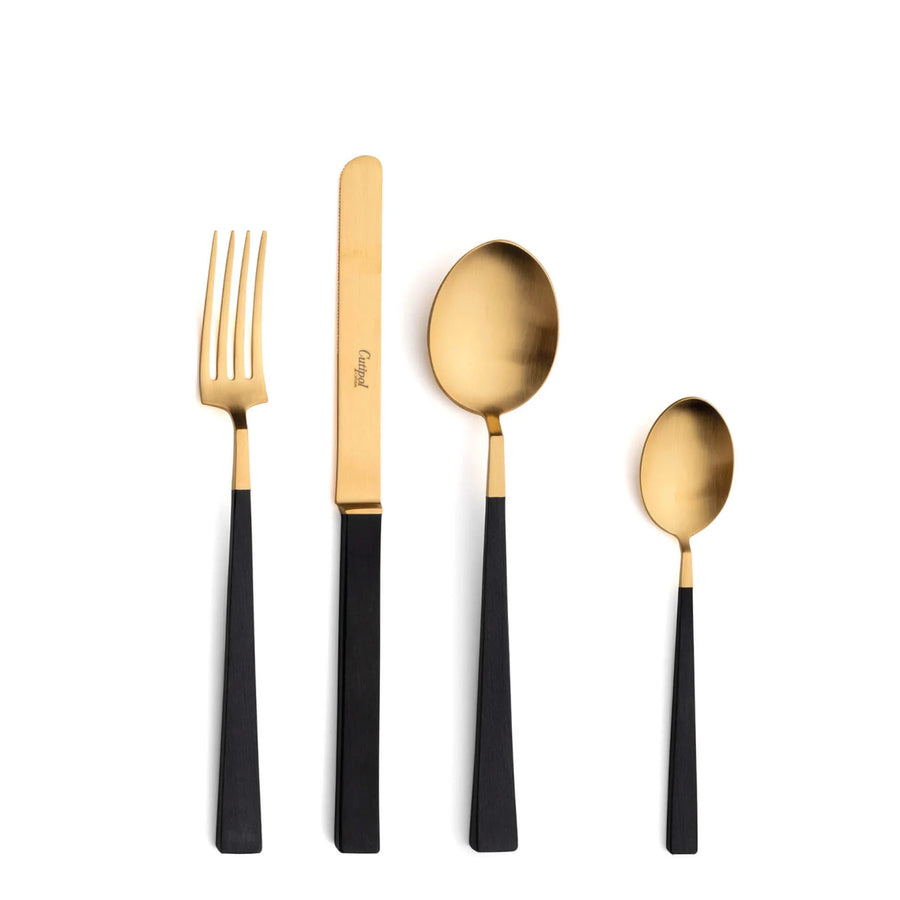 Cutipol Kube cutlery collection with straight-line designs in matte brushed and gold-plated finishes, showcasing Portuguese craftsmanship for elegant dining settings -  4 pc set