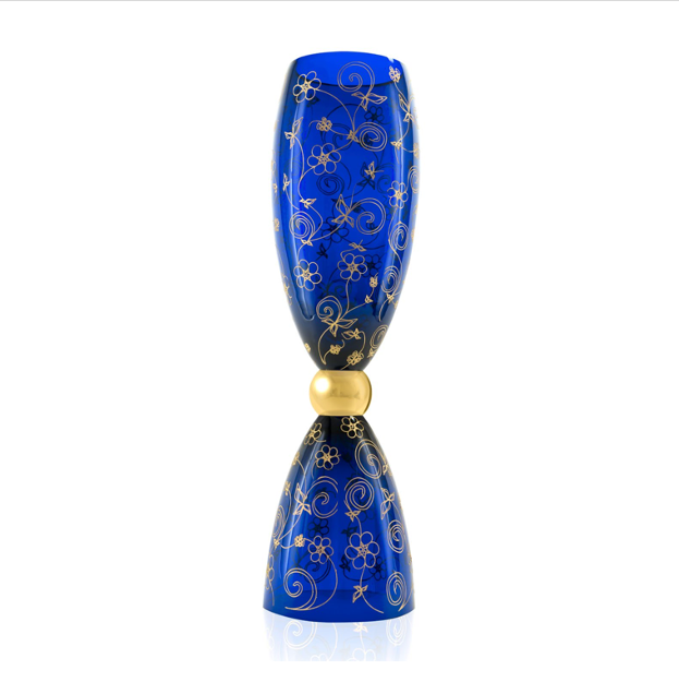 Mario Cioni Clepsydra Large Blue Crystal Vase featuring intricate gold floral inlays and an hourglass silhouette, handcrafted in Italy for luxurious interiors.
