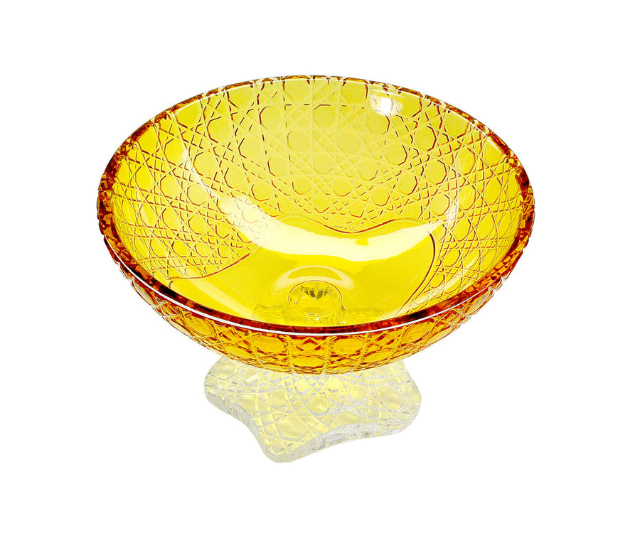 Side view of a luxurious Mario Cioni Metamorphosis Footed Amber Crystal Bowl with intricate diamond-pattern engravings and a clear crystal base, handcrafted in Italy. 