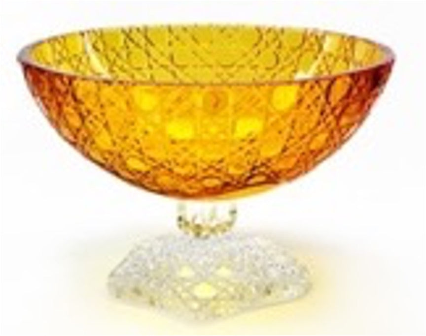 A luxurious Mario Cioni Footed Amber Crystal Bowl with intricate diamond-pattern engravings and a clear crystal base, handcrafted in Italy.