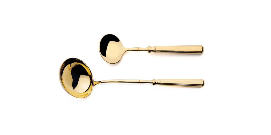 Cutipol Piccadilly Cutlery collection featuring round, ergonomic lines,  for elegant dining experiences - 2 pcs spoon servers in polished gold finish