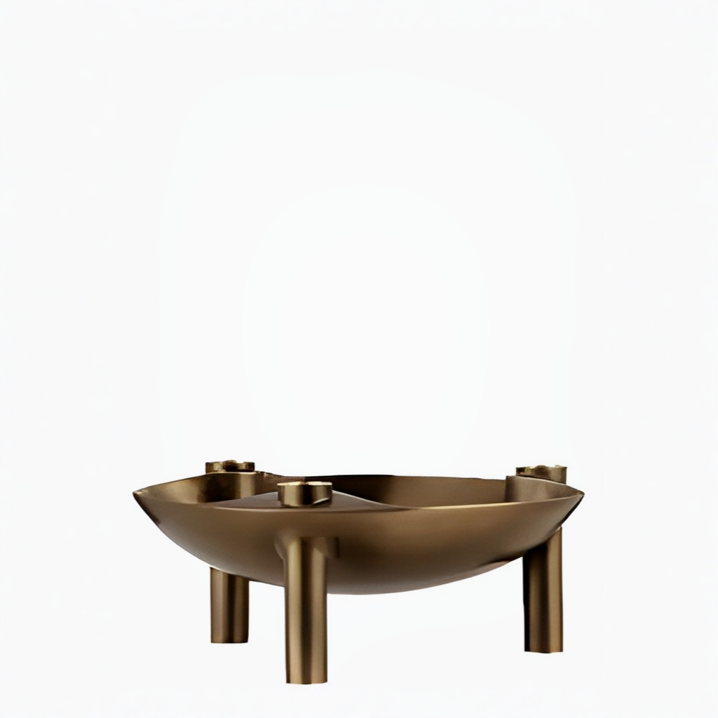 A modern bronze metal bowl with three cylindrical legs and small side supports, shown on a plain white background.