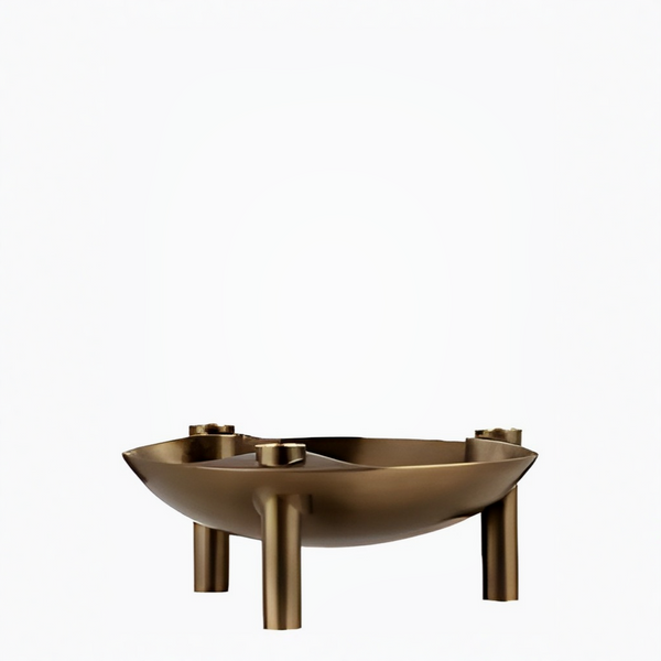 A modern bronze metal bowl with three cylindrical legs and small side supports, shown on a plain white background.