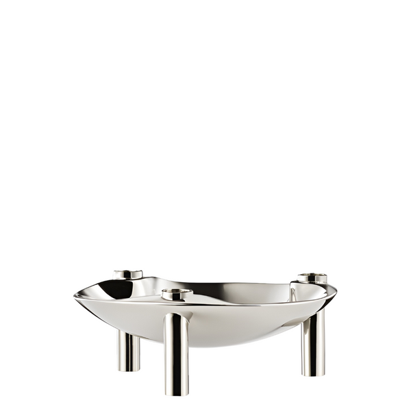 A polished stainless bowl cum candle holder with three cylindrical legs and three small matching cups, photographed on a clean white background.