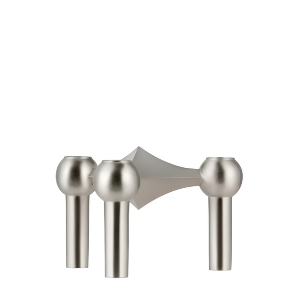Brushed metal candle stand with rounded spherical tops, arranged symmetrically on a plain white background from Stoff Nagel available at Spacio in India. 