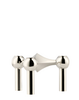 A chrome candle stand with three spherical knobs and cylindrical stems, shown on a plain white background from Stoff Nagel available at Spacio in India. 