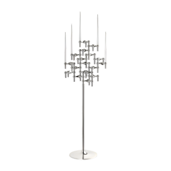 A modern multi-arm silver candelabra with a polished chrome finish, featuring a tall central stem, multiple branching arms, and four taper candle holders, set against a plain white background.