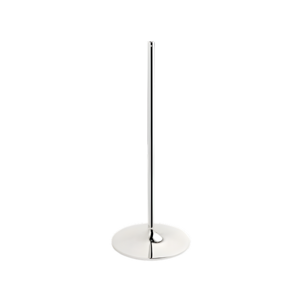 A polished chrome tall, slender stand and a wide circular base, shown on a plain white background.
