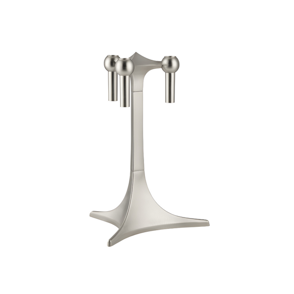 A modern three-light candlestick holder with a brushed silver metal finish, featuring a central stem with three spherical finials at the top and a wide, sculptural base.