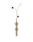 A decorative dried floral arrangement featuring three off-white paper flowers with dark centers on a slender stem, displayed in a matte gold cylindrical vase with two rounded bulbous sections, isolated on a solid white background.