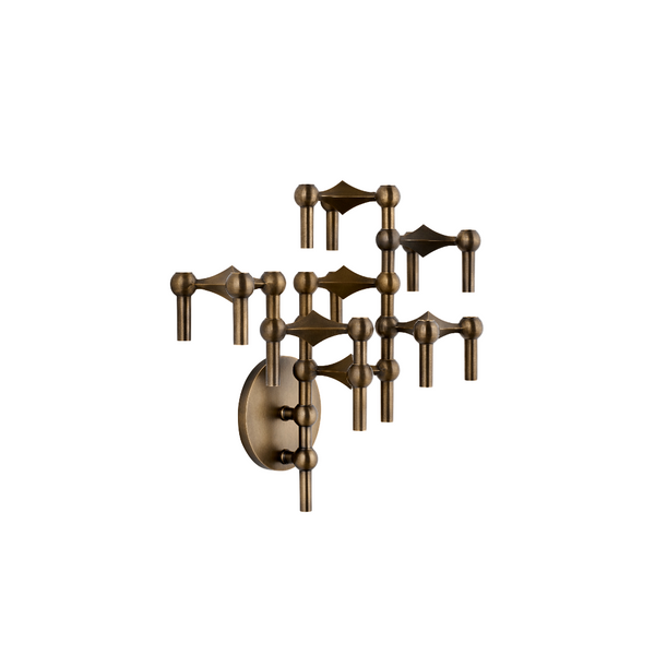 A multi-light wall sconce with a bronze finish, featuring a round backplate and multiple geometric arms extending in a cross-like pattern, shown against a plain white background.