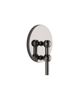 A modern wall-mounted candle holder with a polished dark metallic finish, featuring a round backplate and a sleek vertical bar with decorative spherical accents.