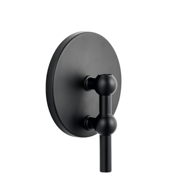 Matte black wall-mounted candle stand with a round backplate and spherical accents, shown on a plain white background.