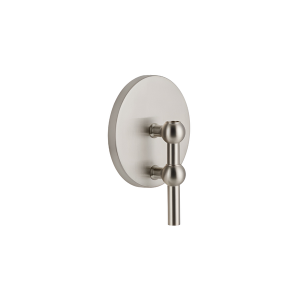 A wall-mounted candle holder with a round backplate and a vertical lever featuring spherical accents, shown in a satin nickel finish against a solid white background.