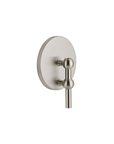 A wall-mounted candle holder with a round backplate and a vertical lever featuring spherical accents, shown in a satin nickel finish against a solid white background.