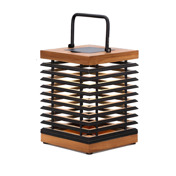 Decorative solar lantern with wooden top and black metal frame on a white background
