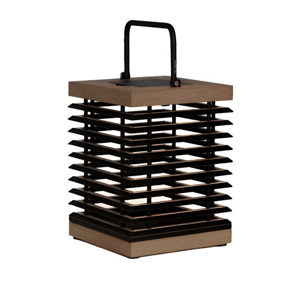 Solar Lamp with wooden top and black base on a white background by Les Jardins at Spacio store in Mumbai. 